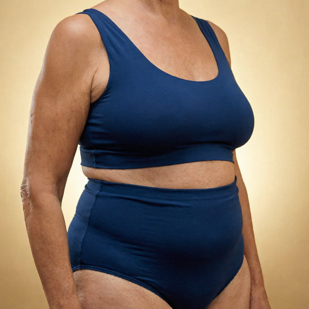 Portrait éditorial évoquant l'élégance après une réduction mammaire à Agadir — Dr. Nahed Fathi Ahmed, NFA Medical Center — Après