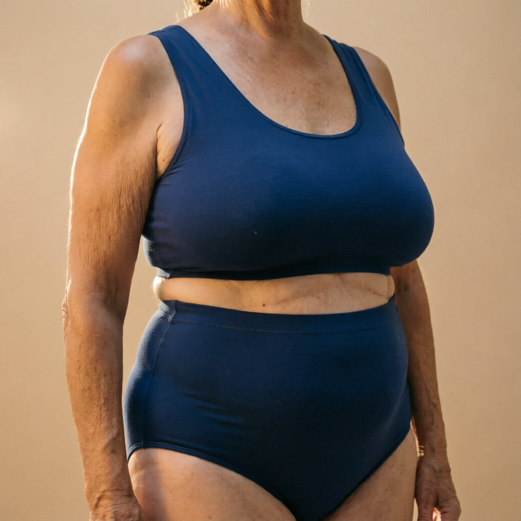 Portrait éditorial évoquant l'élégance après une réduction mammaire à Agadir — Dr. Nahed Fathi Ahmed, NFA Medical Center — Avant